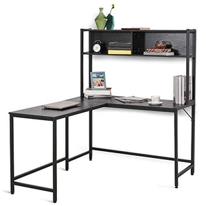 HOMCOM Home Office L-Shaped Computer Desk with Hutch and Storage Shelves, PC Table Study Writing Workstation with 2 Storage Compartments, Bookshelf, Black