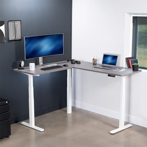 VIVO Electric Height Adjustable L-Shaped Corner Stand Up Desk, 67x60 inch, White Frame, Dark Gray Table Tops, Memory Controller | 3E Series