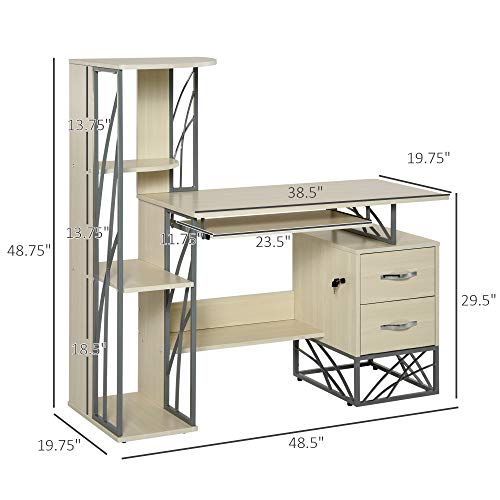 HOMCOM Modern Computer Desk with 4-Tier Bookshelf, Home Office Writing Table Workstation with Tower Storage Shelves Keyboard Tray & Lockable Drawers, Natural