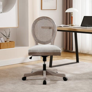 LukeAlon Rattan Back Linen Office Chair with Adjustable Height and Swivel Function