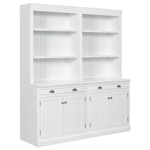 Merax Tall Storage Bookshelf Bookcase Set with LED Lighting, Doors, Drawer, Open Shelves - White