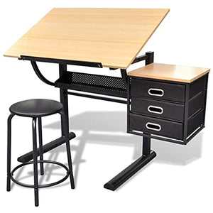 Great-hyc Three Drawers Tiltable Tabletop Drawing Table with Stool MDF + Powder-Coated Iron Foot Material, Adjustable tilt Angle, More Suitable for Ergonomic Design Drafting Table