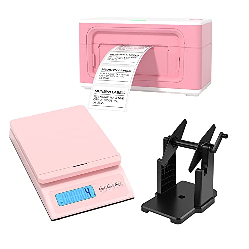 MUNBYN External Rolls Label Holder, Shipping Scale, Accurate 66lb/0.1oz Postal Scale with Sweet Pink Style and Hold/Tear/PCS Function, Pink 4x6 Thermal Label Printer for Shipping Packages