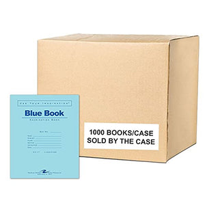 Case of 1000 Exam Books, 8.5"x7", 4 sheets/8 pages of 15# Smooth White Paper, Wide Ruled W/Margin, Heavy Blue Cover, Stapled