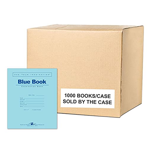 Case of 1000 Exam Books, 8.5"x7", 4 sheets/8 pages of 15# Smooth White Paper, Wide Ruled W/Margin, Heavy Blue Cover, Stapled