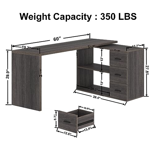 HSH L Shaped Computer Desk with Drawers, Storage Cabinet Shelves - Gray 60 In