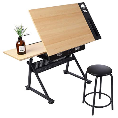 Lgan Drafting Table with Storage, Height Adjustable Tiltable Art Desk, Maple Panel Drawing Desk, for Work Study Painting Craft Table