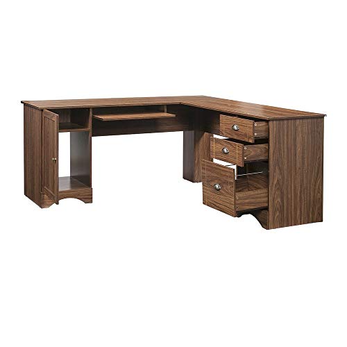 Thaweesuk Shop New Walnut Executive L Shaped Office Desk Furniture Corner Computer Shape Workstation Home Sturdy MDF Board with Glossy Veneer 66" L x 66" W x 30.3" H of Set