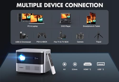 VIZONY FHD 1080P Projector 4K Support, 800ANSI 5G WiFi Bluetooth Outdoor Home Movie Projector