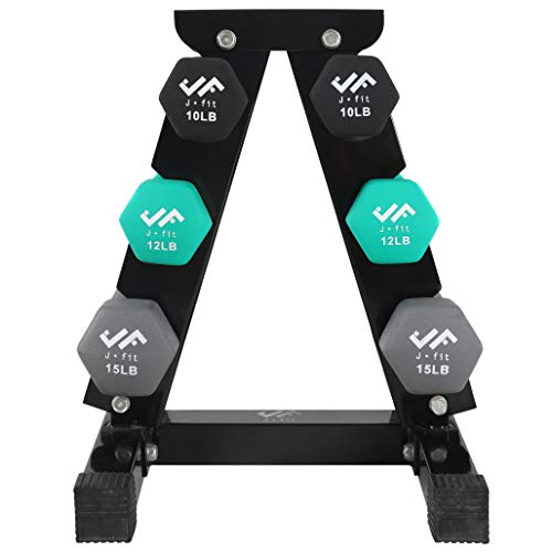 JFIT Dumbbell Set w/Durable Rack, Double Neoprene Coated Workout Weights, Solid Design Rack, 74 LB Set