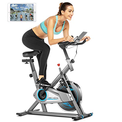 ANCHEER Stationary Exercise Bike, Indoor Cycling Bike Belt Drive system with APP, Adjustable Resistance, Heart rate sensor bar, Phone Holder, Comfortable Cushion, Quiet for Home Gym Cardio Exercise