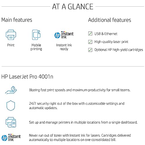 HP Laserjet Pro 4001n Monochrome Laser Printer - Print Only - 42 ppm, 1200 x 1200 dpi, Mobile Printing
