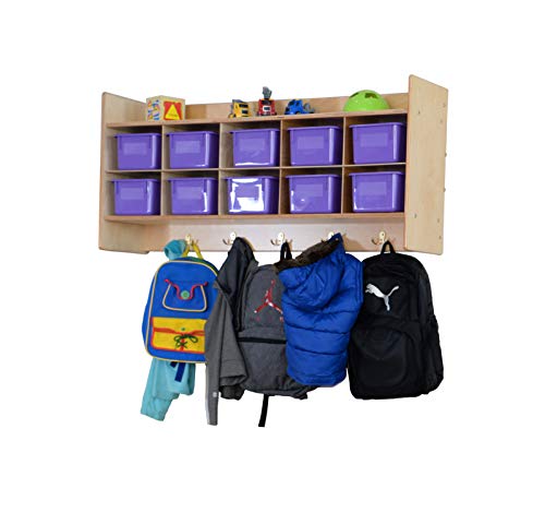 Contender 10 Section Cube Wall Mounted Shelf with Plastic Storage Containers for Organizing Toys, Games, School Art and Craft Supplies in Natural Finish