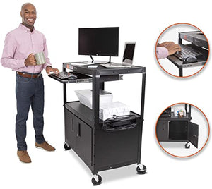 Stand Steady Line Leader Extra Wide AV Cart with Locking Cabinet, Rolling Computer Desk, Height Adjustable Utility Cart