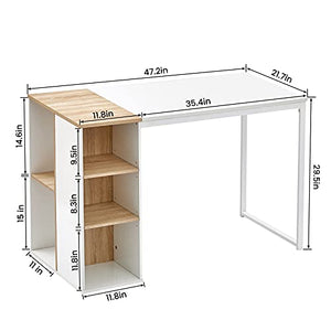 Computer Desk with Storage Shelves 47” White Office Desk with Drawers Small Kids Writing Desk Student Study Table Modern Wood Pc Laptop Gaming Desk for Home Work, Splicing Oak with Metal Legs