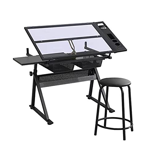 Adjustable Drawing Table with Tempered Glass Top and Drawers/Stool