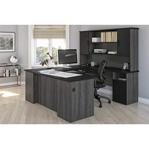 Bestar Norma 71W U or L-Shaped Executive Desk with Hutch in Black & Bark Gray