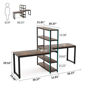 Tribesigns Two Person Computer Desk with Bookshelf, 90 Inches Double Face-Face Workstation Desk with Storage Shelf for Two Person, Two Person Writing Office Desk for Home Office (Vintage)