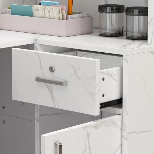 MOUMON L-Shaped Reception Desk with Storage, Marble White (55.9”W x 32.3”D x 48.4”H)