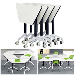Ysjndasm Trapezoidal Conference Room Table - Folding Mobile Training Table with Locking Wheels, 47.2 x 23.6 x 29.5 inch (4 Pack)