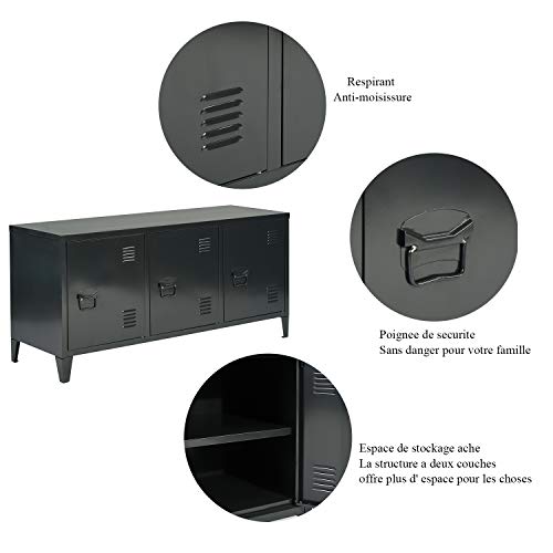 FurnitureR 3 Doors Metal Storage Cabinet with Removable Shelves - Black