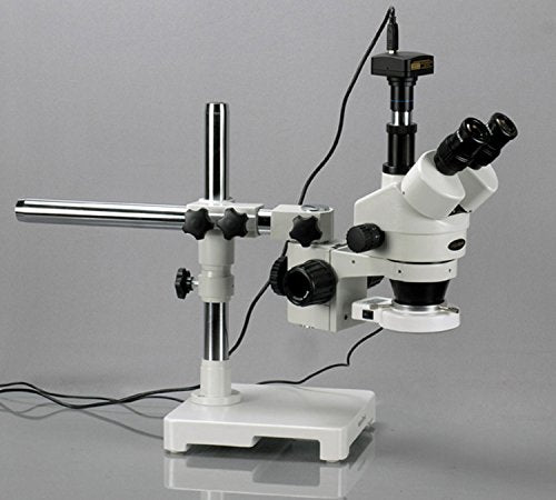 AmScope SM-3TZ-54S-10M Digital Professional Trinocular Stereo Zoom Microscope, WH10x Eyepieces, 3.5X-90X Magnification, 0.7X-4.5X Zoom Objective, 54-Bulb LED Light, Single-Arm Boom Stand, 110V-240V, Includes 0.5X and 2.0X Barlow Lenses and 10MP Camera wit