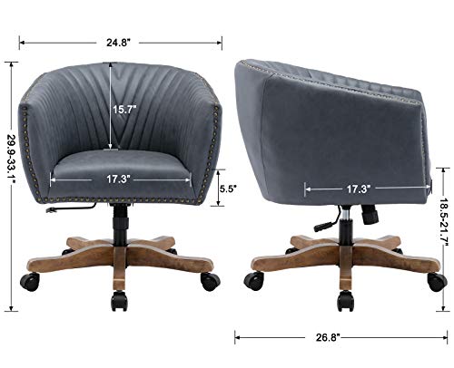 Chairus Retro Faux Leather Swivel Barrel Arm Chair with Luxury Nailheads, Mid Century Modern Upholstered Home Office Desk Accent Chair with Wood Base Mid-Back, Dark Grey