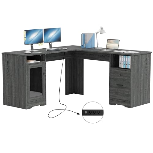 IdeaKey L Shaped Desk with File Cabinet and Storage Drawers, Power Outlets, Executive Office Desk, Retro Grey, 60 Inch