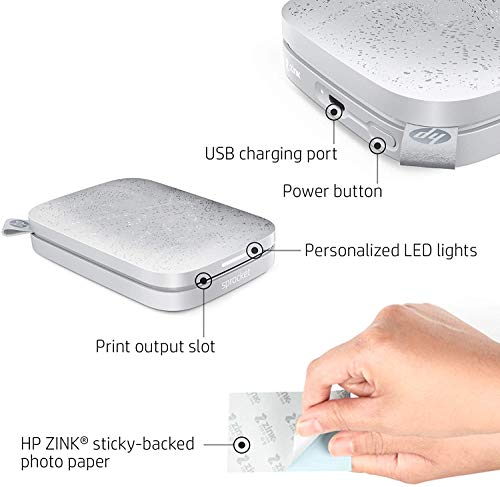 HP Sprocket Photo Printer, (2nd Edition) Print Social Media Photos on 2x3 Sticky-Backed Paper (Luna Pearl) + Photo Paper (50 Sheets) + USB Cable + 60 Decorative Stick-On Border Frames
