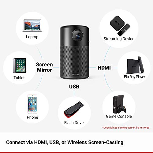  Nebula Capsule, by Anker, Smart Portable Wi-Fi Mini Projector, 100 ANSI lm Pocket Cinema, DLP, 360° Speaker, 100" Picture, 4-Hour Video Playtime, and App-Watch Anywhere (Renewed) 