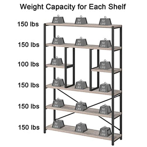 LVB Industrial 6 Tier Bookshelf, Rustic Vintage Etagere Bookcase, Gray Wood and Metal Shelf