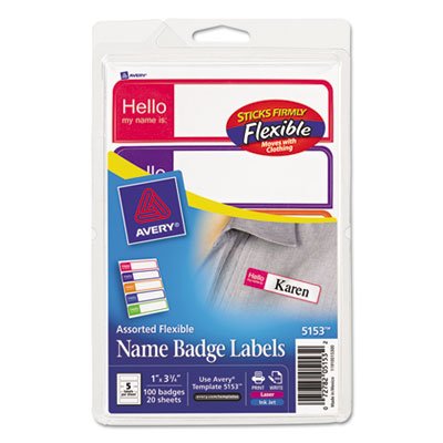 Avery 5153 Flexible Self-Adhesive Mini Badge Labels, 1 x 3 3/4, Hello, Bright Asst, 100/PK