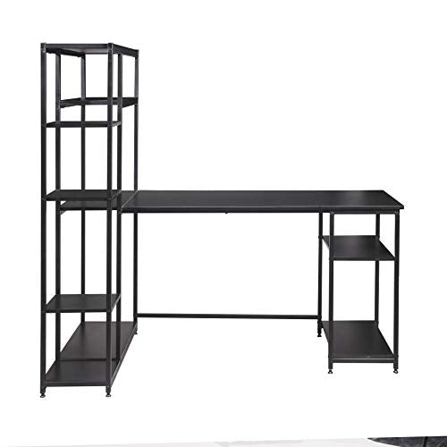 SSLine 63 Inches Computer Desk with Bookshelves,Writing Study Table with 4 Tier Open Plenty Storage Space,Modern Wood Desk with Metal Frame Laptop Table Computer Workstation for Home Office (Black-2)