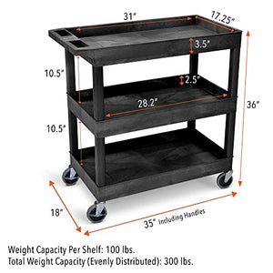 Stand Steady Tubstr 3 Shelf Utility Push Cart 2 Pack - Heavy-Duty Plastic Service Cart, 300 lbs Capacity, Black (32 x 18)