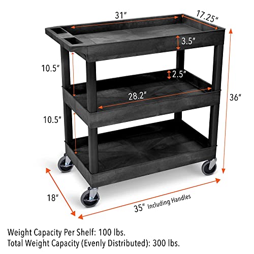 Stand Steady Tubstr 3 Shelf Utility Push Cart 2 Pack - Heavy-Duty Plastic Service Cart, 300 lbs Capacity, Black (32 x 18)