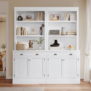 Holaki Tall Bookcase Suite with Doors and Drawer, Modern Storage Cabinets, 2-Piece Set with LED Lighting, White