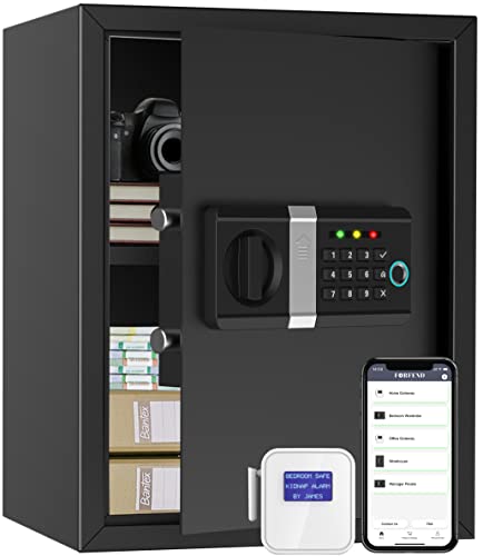 FORFEND Fingerprint Smart Safe Box with App Remote Control, WiFi Gateway, Kidnap Alarm, Tamper Detection, False Attempt Alert, Alexa Enabled, Google Home Assistant, Pre Drilled Wall Mounted Home Safe, Jewelry Cash Money Anti Burglary, Extra Large Safe Bio