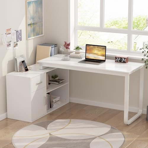 Homsee L-Shaped Home Office Computer Desk with Drawer, Shelves, and Storage Cabinet - White (55.1" x 41.3" x 29.5")