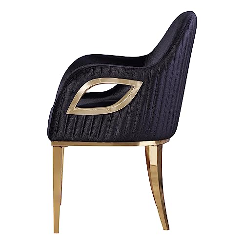 Asday Black Velvet Dining Chairs with Arms and Gold Stainless Steel Legs - Set of 10