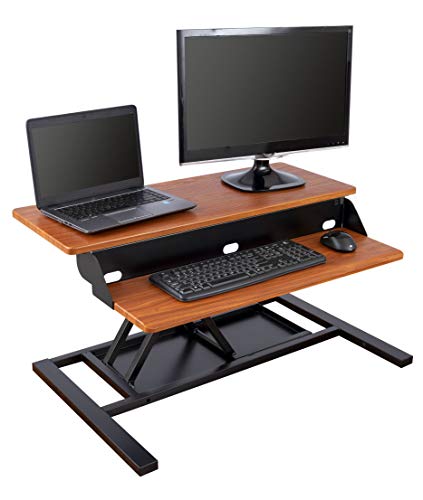 Stand Up Desk Store AirRise Power Pro Two-Tier Standing Desk Converter/Sit Stand Desk - Turn Any Desk Into a Stand Up Desk/Adjustable Desk (Electric Adjustment | 32" Wide | Black) (36", Teak)