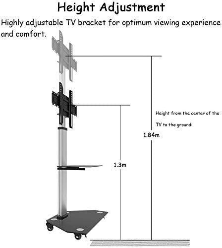 TV Rack Furniture Glass TV Cart for 30/49/55/65/70/75/80 Inch Screens | Mobile Trolley Stand with Locking Wheels, 2 Shelves, 58kg Capacity