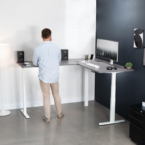 VIVO Electric Height Adjustable L-Shaped Corner Stand Up Desk, White Frame, 2 Dark Gray Table Tops, Memory Controller - 3E Series