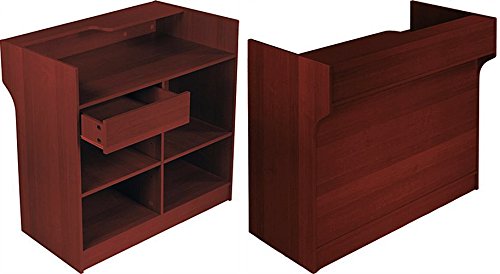 48"W Free-Standing Cherry Melamine Register Stand, With Adjustable Shelves, Pull-Out Drawer, And Check Writing Area