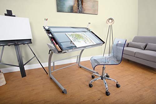 SD STUDIO DESIGNS Triflex Drawing Table, Sit to Stand Up Adjustable Office Home Computer Desk, 35.25" W X 23.5" D, Silver/Blue Glass