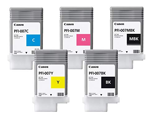 Canon 90ml Dye Ink Tank Bundle for imagePROGRAF iPF670E Printer, Consists of PFI007BK Black, PFI007C Cyan, PFI007M Magenta, PFI007MBK Matte Black, PFI-007Y Yellow