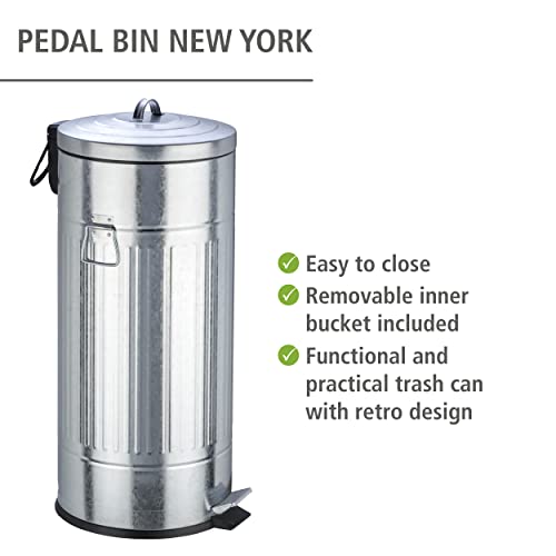 WENKO Step Trash Can with Lid and Pedal, Retro Metal Garbage Bin, for Kitchen, Office, Outdoor, Soft Close, 7.93 Gal, 12.2 x 27.17 x 12.2 in, Gray