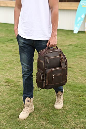 Lannsyne Men's Vintage Full Grain Leather 15.6 Inch Laptop Backpack Camping Travel 24L Rucksack