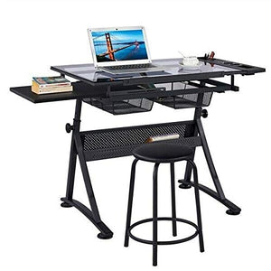DXXWANG Glass Adjustable Art Drafting Table Artists Drawing Desk with 2 Drawers & Stool