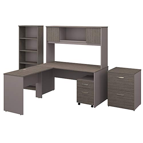 Bush Furniture Commerce 60W L Shaped Desk with Hutch, File Cabinets and Bookcase in Cocoa and Pewter