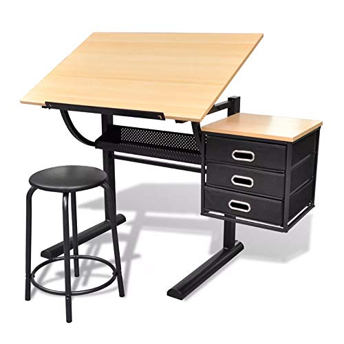 ZAMAX Tiltable Tabletop Drawing Table with Stool for Studying and Technical Drawing, Wooden Draft Draft Desk with Three Drawers Side Cabinets Art Craft Work Station